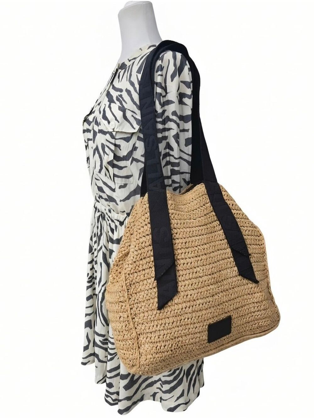 ALLSAINTS Lullah Straw Tote Bag with Black Ribbon Handles 15.8"L x 5.9"W x 15.8"